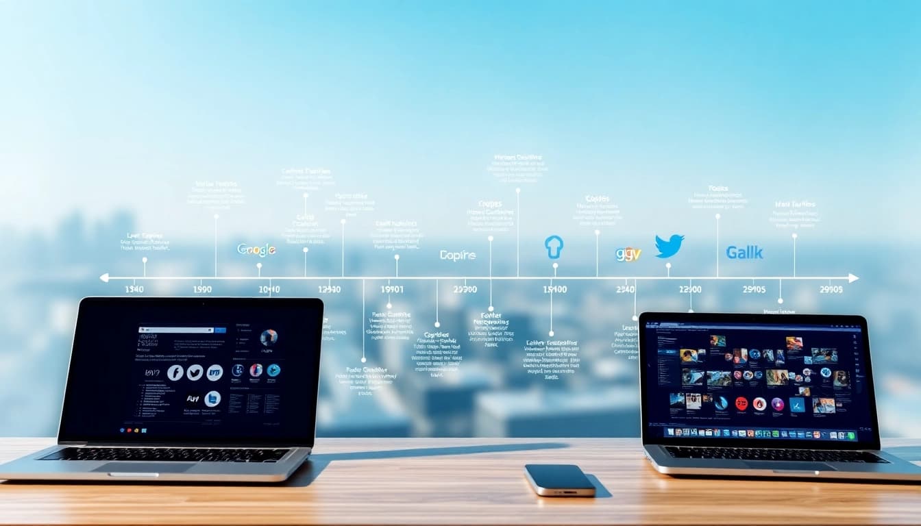 Visual representation of milestones in internet history with key websites and devices.