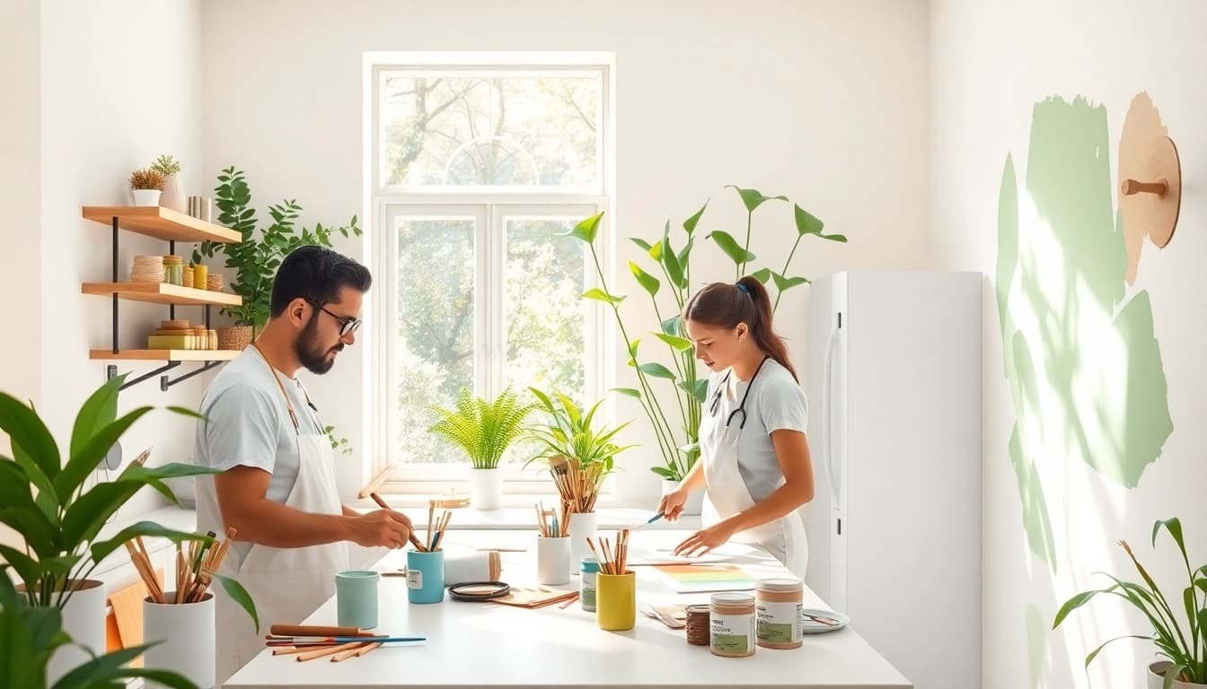 Decorative scene of eco friendly painters beautifying a kitchen using sustainable materials.