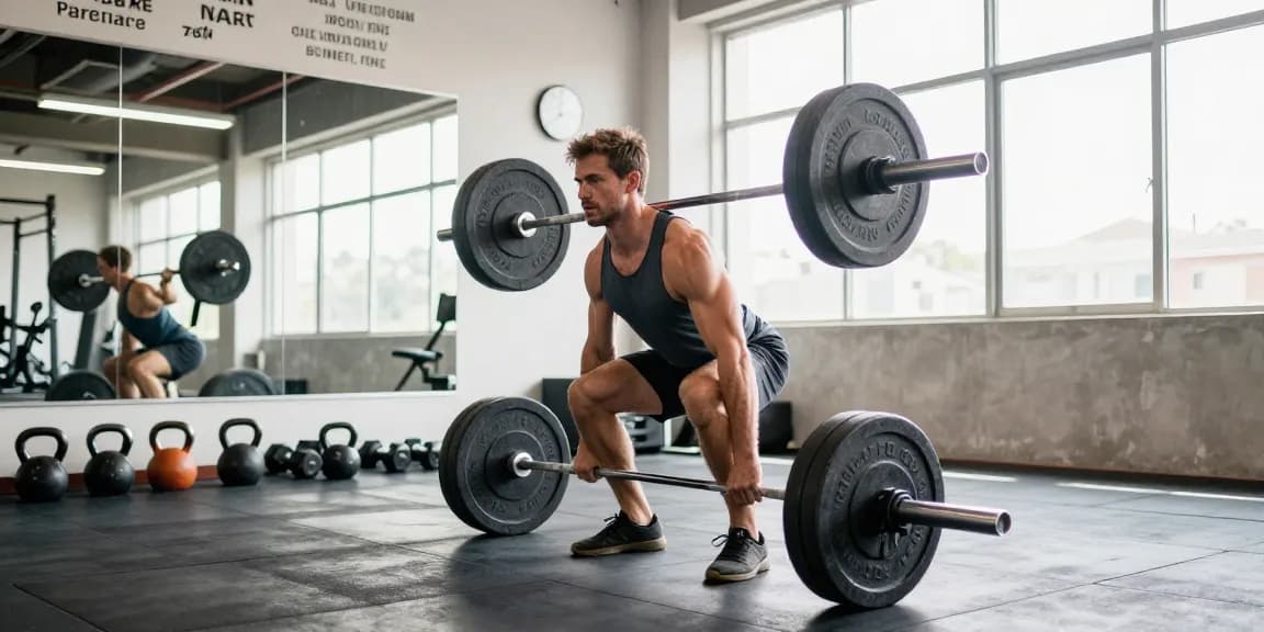Athlete using Selliza Steroids for improved performance during a deadlift in a bright gym.