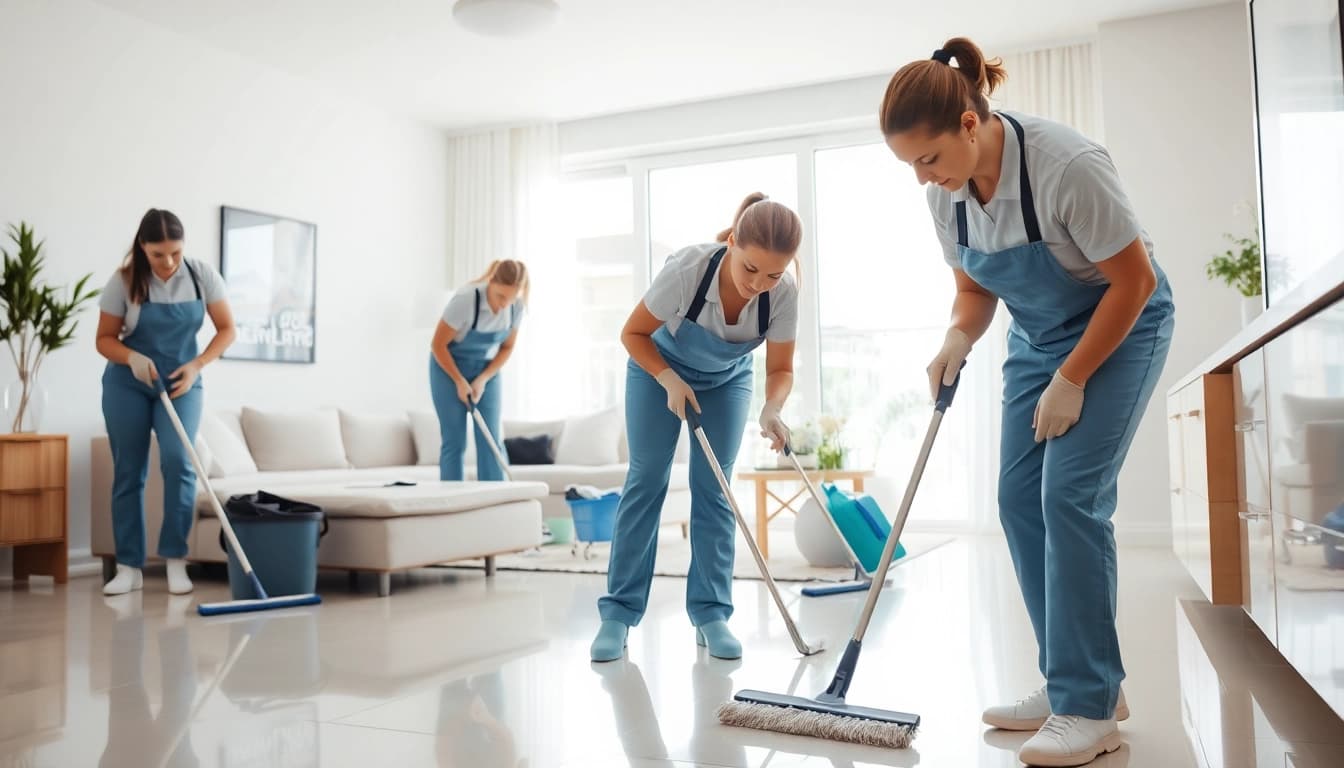 Cleaners perform bond cleaning Logan services in a bright apartment, highlighting professionalism and attention to detail.