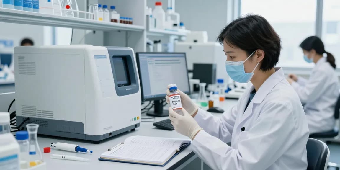 Researcher examining TB-500 in Klow Peptide Stack in a modern laboratory.