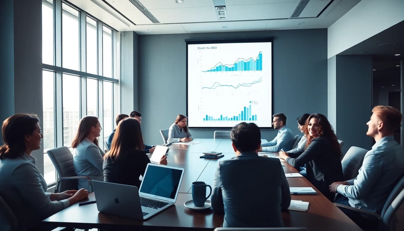 Engaged team deliberating over Bid-No-Bid Analysis. in a professional conference room.