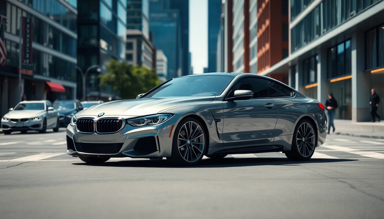 Admire the Luxury BMW car showcasing its elegance against a vibrant urban backdrop.