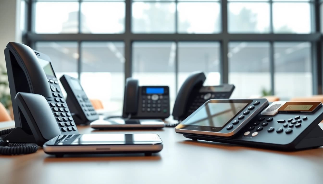 Explore this business phone system featured in a modern office with sleek devices.