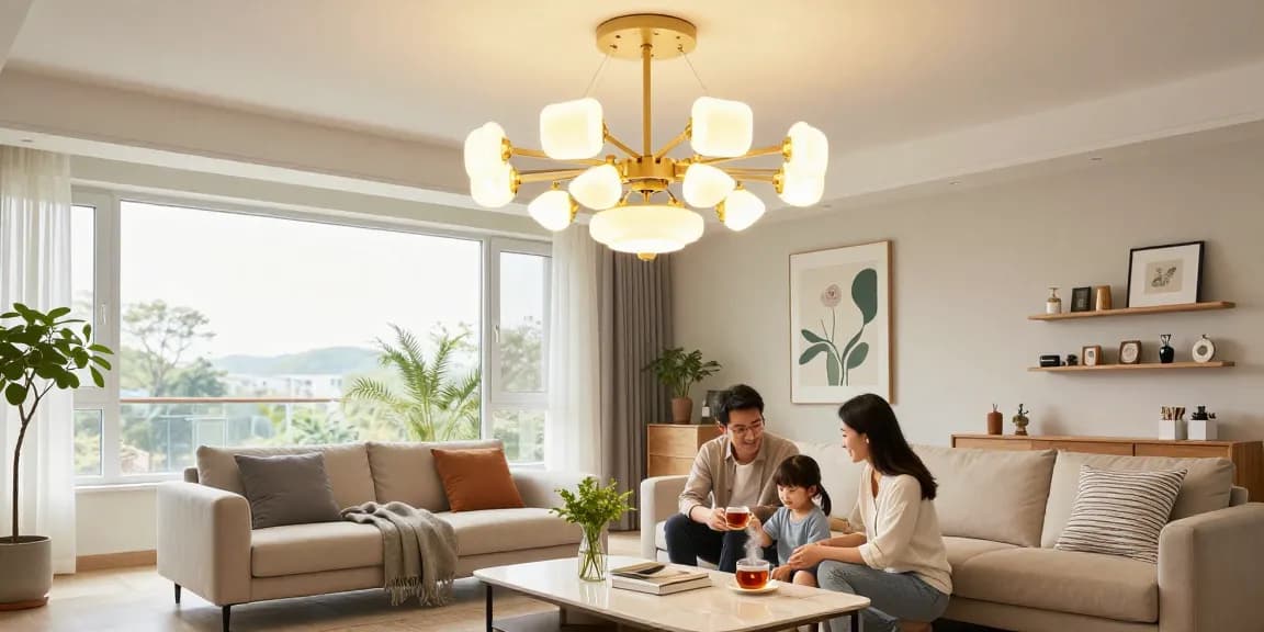 Lustre led moderne care iluminează un living elegant și primitor, creând o atmosferă caldă și confortabilă.