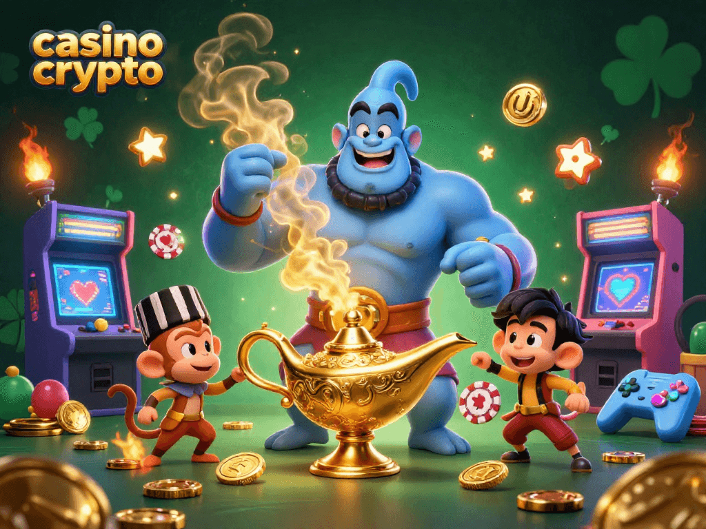 Vivez une expérience de casino crypto avec un génie et un tapis magique, entourés de jeux et de joyaux.