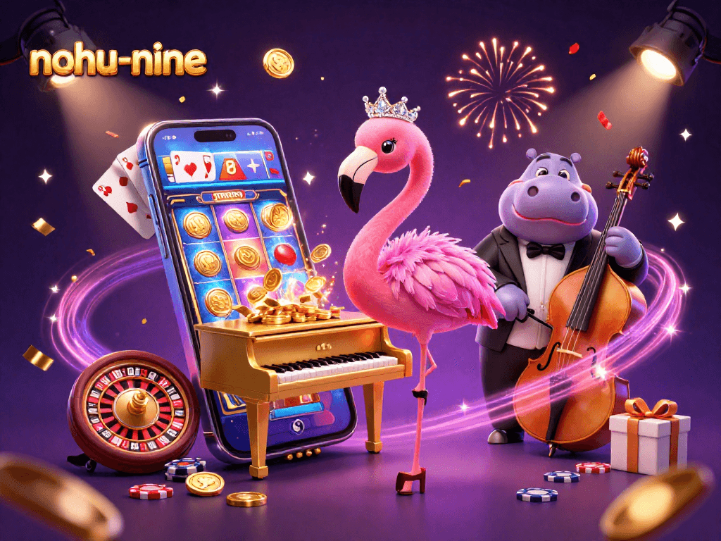 Engaging scene of nohu-nine featuring a flamingo singer, hippo bassist, and colorful casino elements, celebrating gaming excitement.