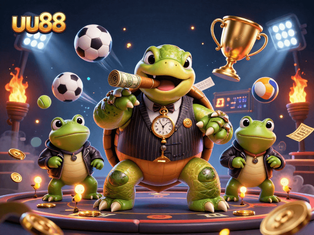 uu88 features a massive turtle gangster and bullfrog enforcers celebrating sports betting wins in a vibrant casino scene.