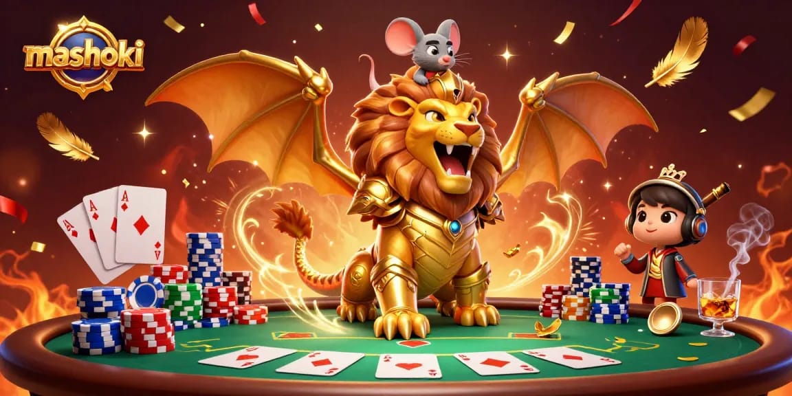 Mashoki showcases a triumphant chimera with poker elements amidst a vibrant casino atmosphere.