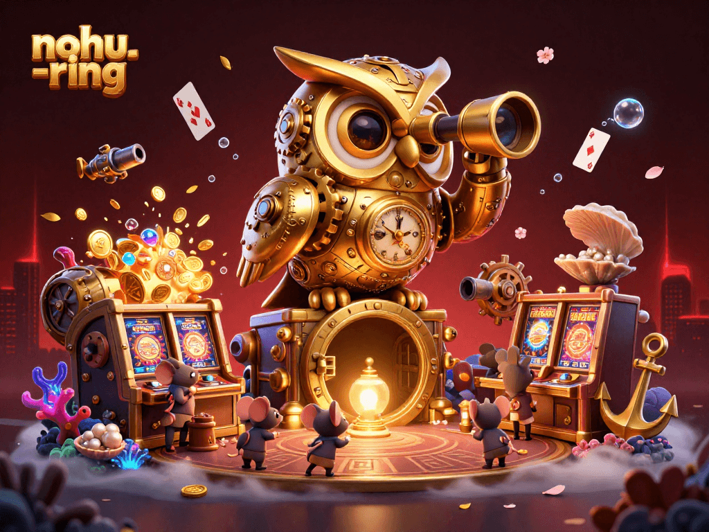Nohus ring players experience thrilling spins with a vibrant casino scene featuring jackpot elements and cartoon characters.