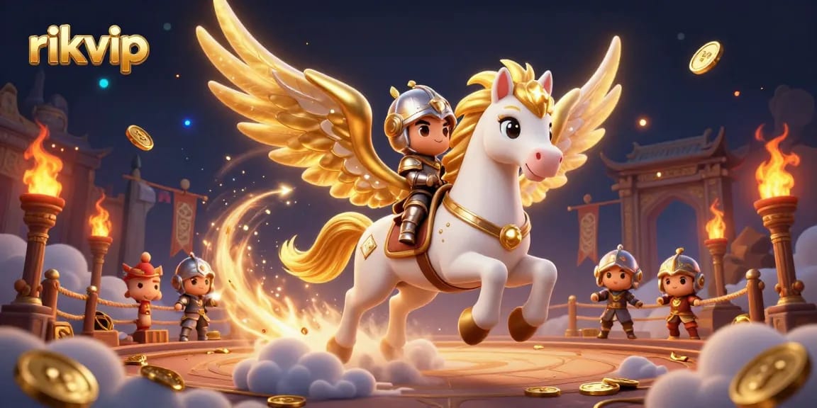 Experience thrilling gameplay at rikvip with a dynamic illustration of an armored knight on a celestial horse amidst a vibrant casino scene.