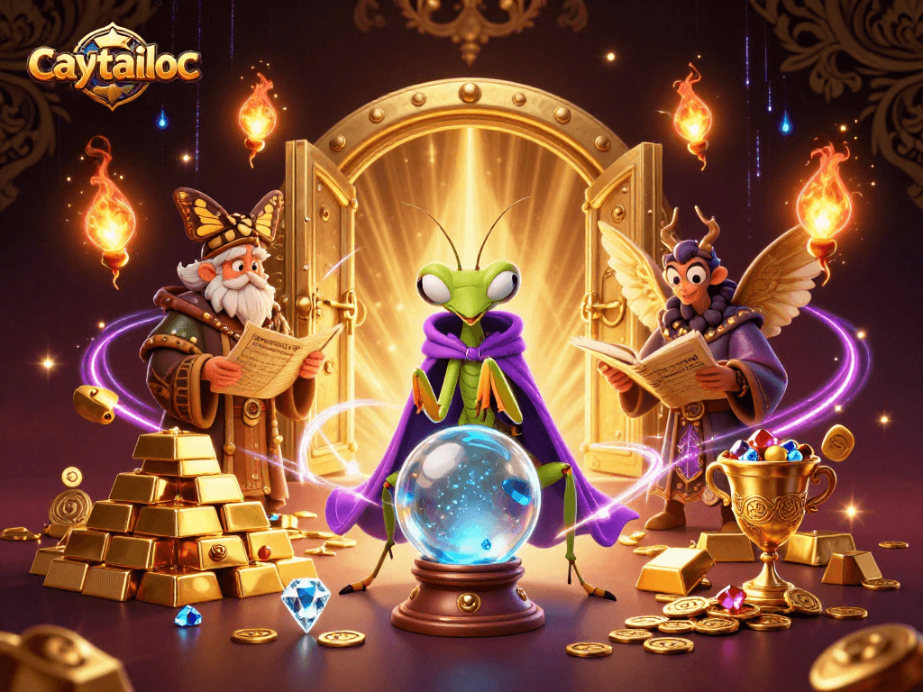 Experience the magic of caytailoc with fortune telling characters uncovering jackpot treasures in a vibrant casino setting.