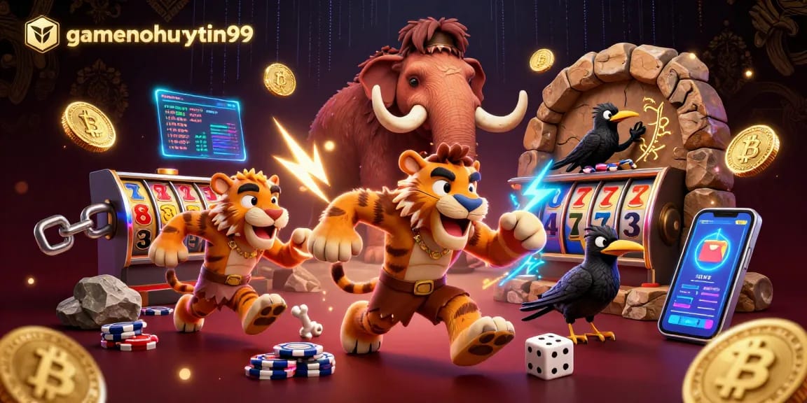 Engage with gamenohuuytin99 at a vivid prehistoric casino with crypto-themed elements and thrilling gameplay.