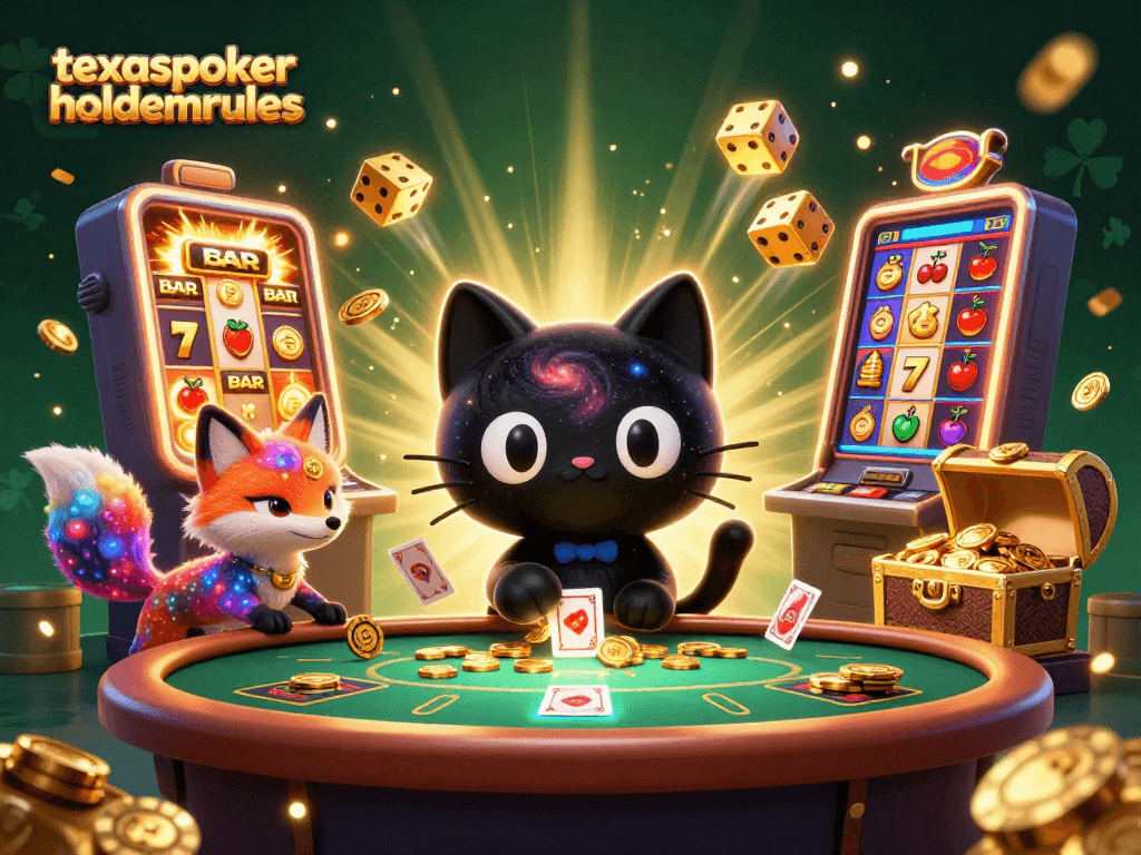 Experience the thrill of texaspokerholdemrules with a cosmic casino scene featuring playful characters and high-stakes action.