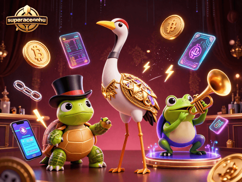 Win big with superace-nohu in a lively 3D casino scene featuring vibrant characters and crypto elements.