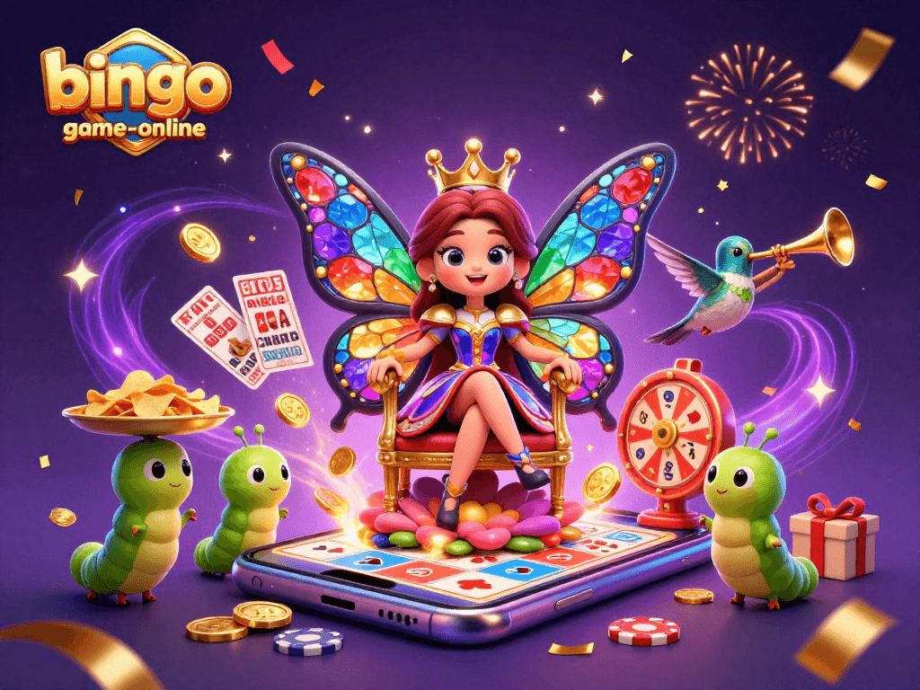 Bingo-game-online illustration showcases bingo excitement with vibrant characters and casino elements.