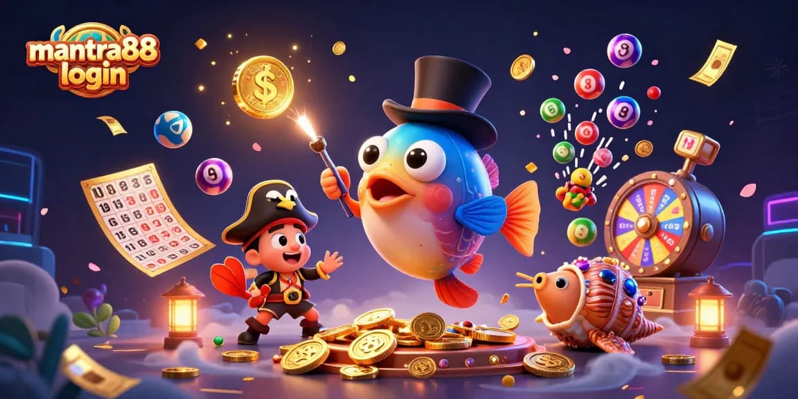 Join the adventure with mantra88 login, featuring a thrilling underwater scene of curious characters and casino elements.