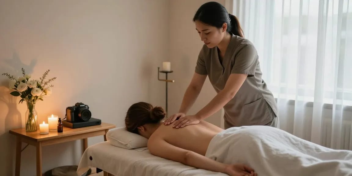 마사지 테라피 룸에서 아로마 오일로 편안한 마사지를 받는 모습