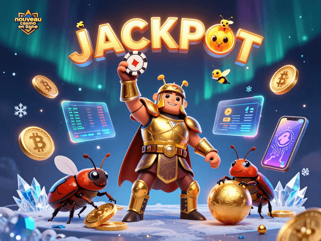 Découvrez le nouveau casino en ligne avec le scarabée héros et ses éléments crypto étincelants.