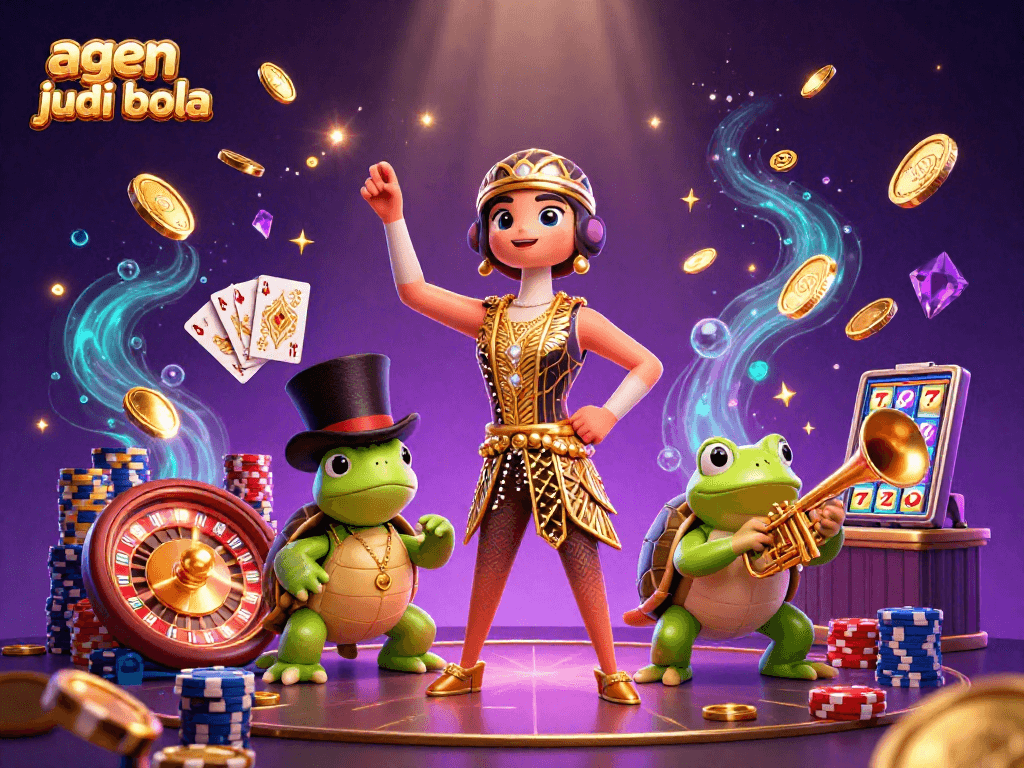 Experience fun at agen judi bola with a lively illustration capturing vibrant casino elements swirling around unique characters.