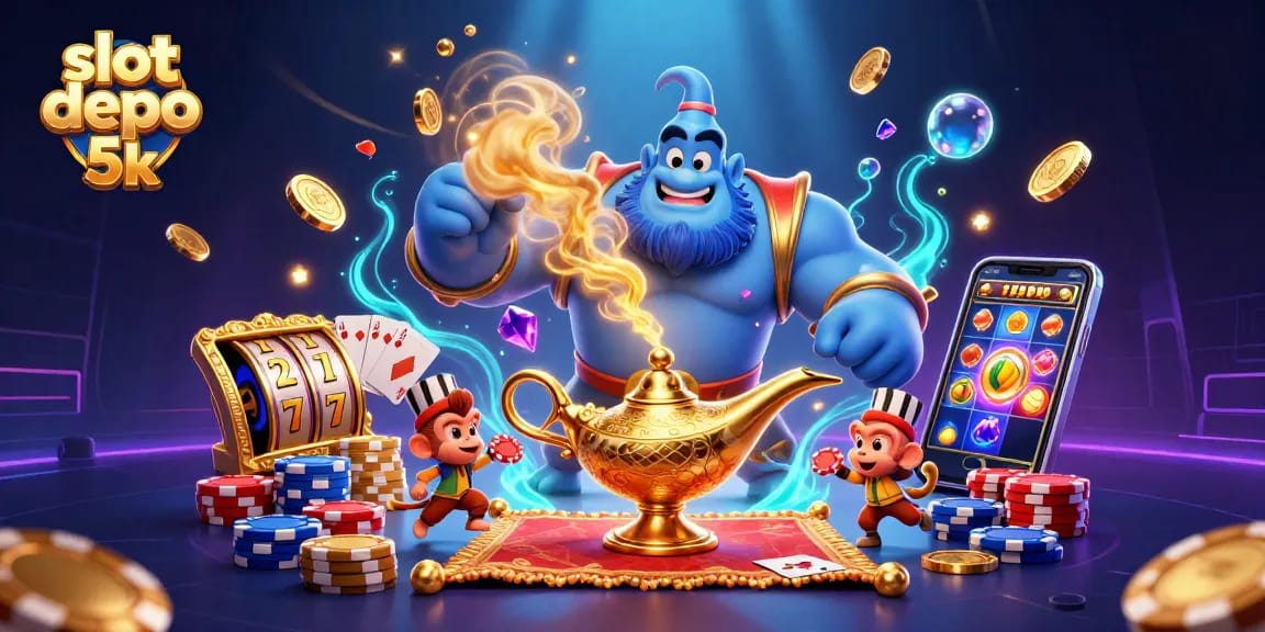 Slot depo 5k menampilkan genie biru dengan koin emas dan slot mesin yang berputar.