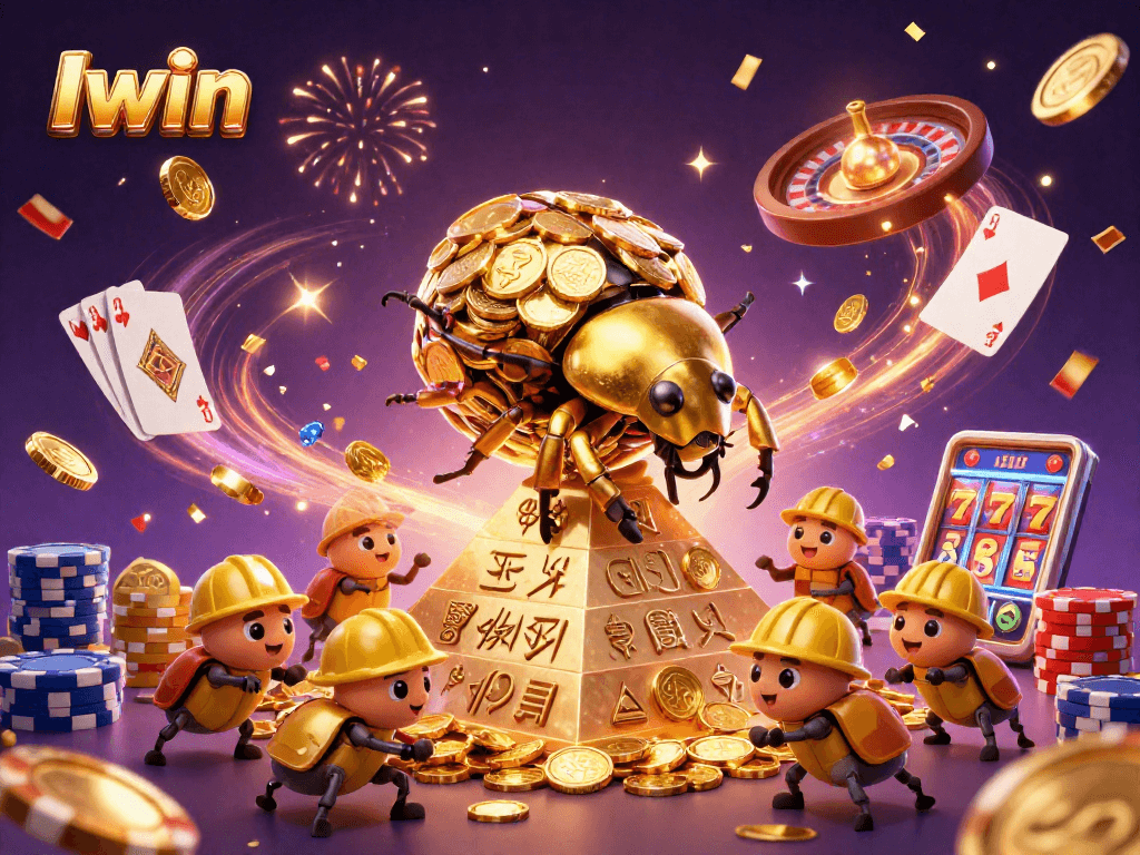 Iwin's vibrant casino scene featuring a golden beetle and dynamic gaming elements.