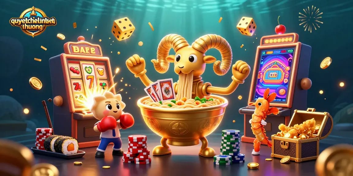 Experience the excitement of quyetchientienthuong with a vibrant 3D illustration showcasing casino characters and jackpot elements.