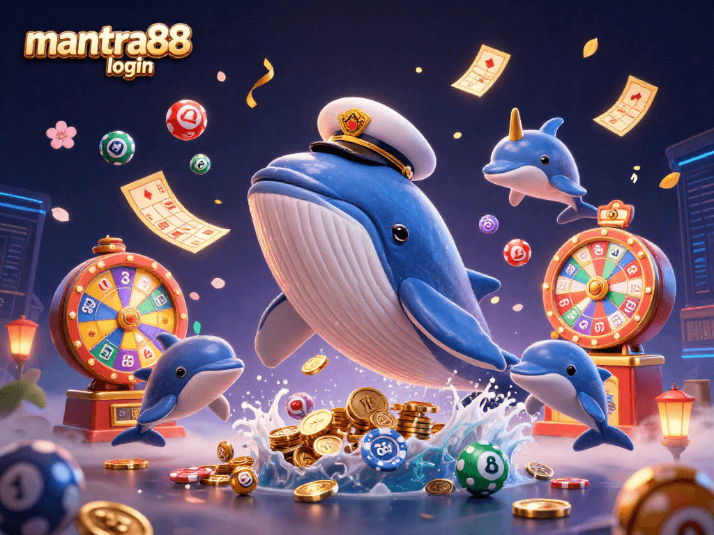 Engage with excitement on mantra88 login featuring playful dolphins, a captain whale, and vibrant casino elements.