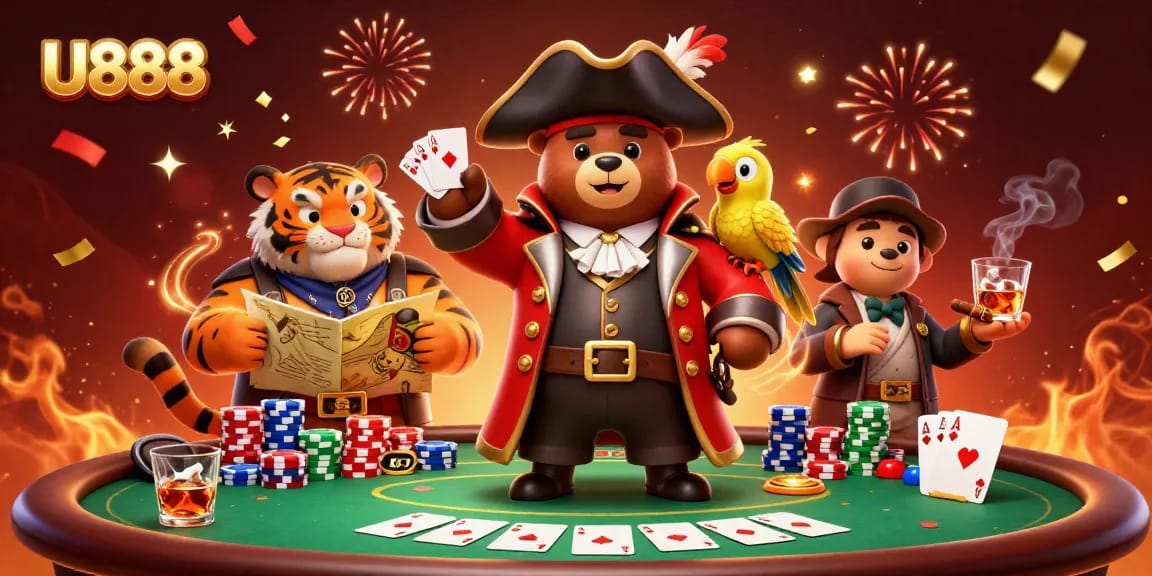 U888 showcases an exciting gambling experience with vibrant characters and poker elements.
