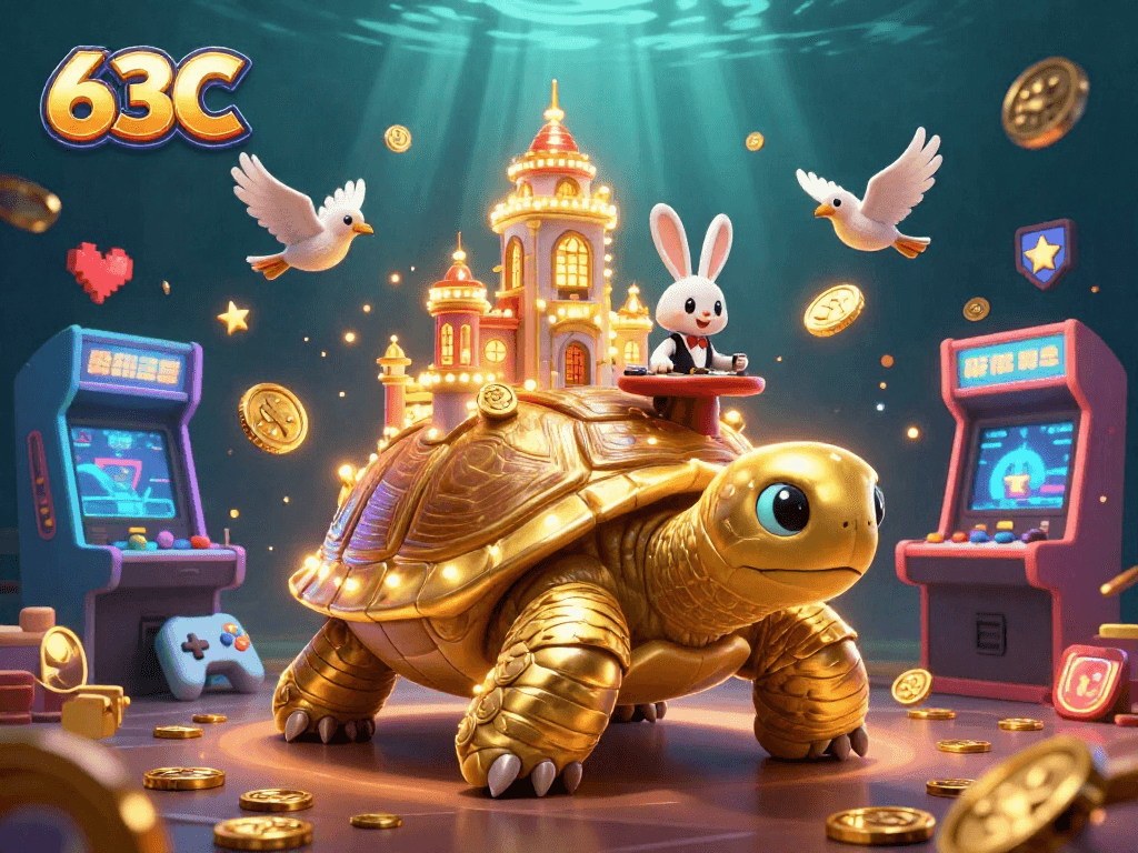 Personagens do 63C jogando em um cassino com um tartaruga dourada e dealer coelho.