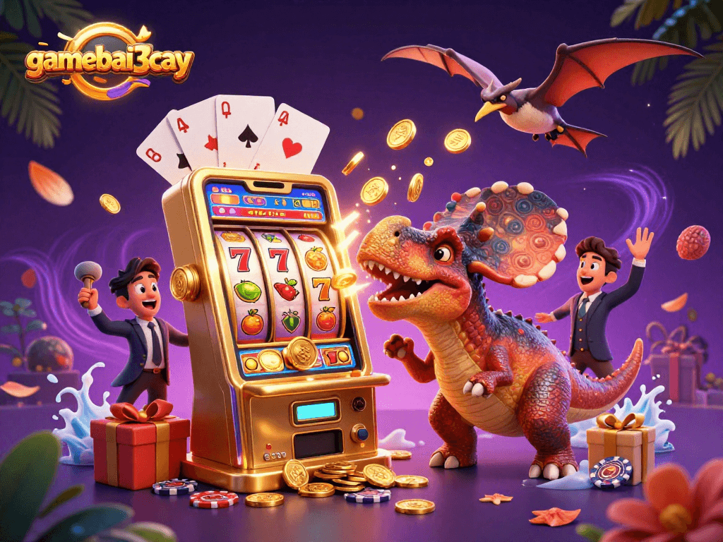 gamebai3cay features a dinosaur winning jackpots at a vibrant casino scene with slot machines