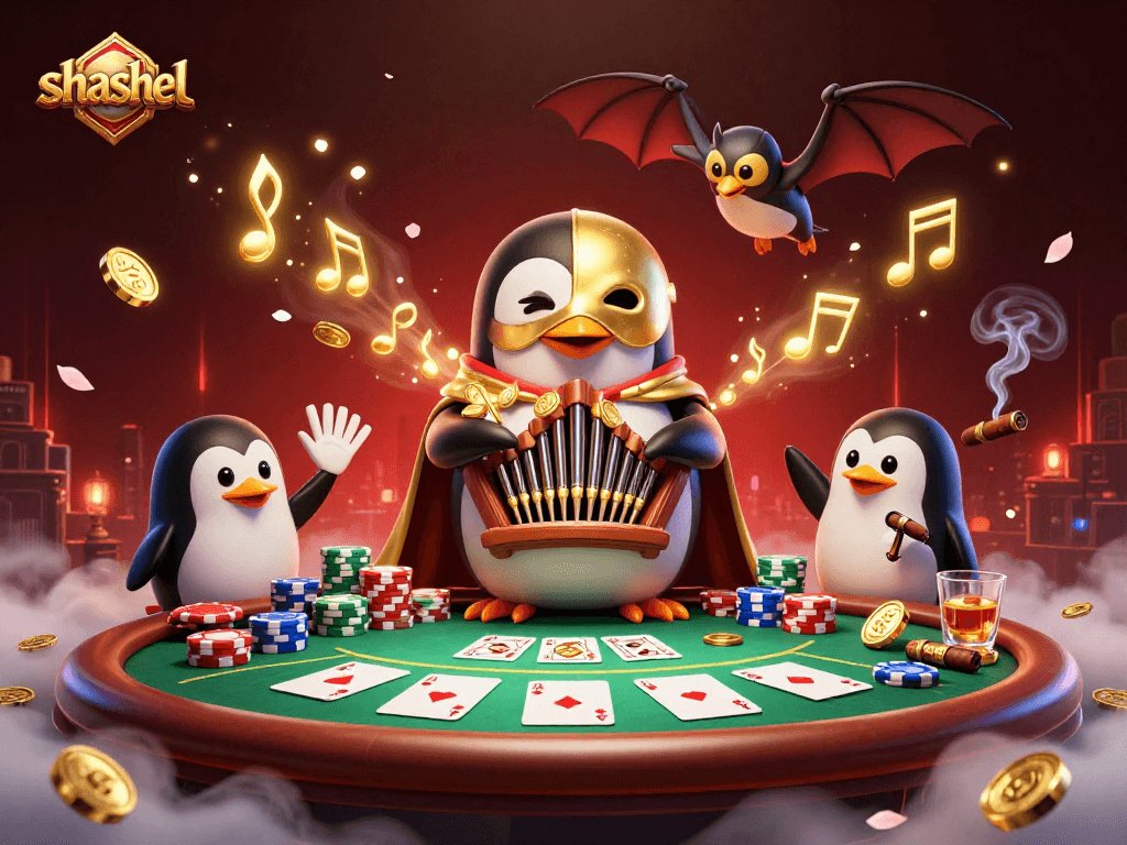 Shashel offers thrilling gambling experiences as a penguin plays a pipe organ and gold coins rain down.