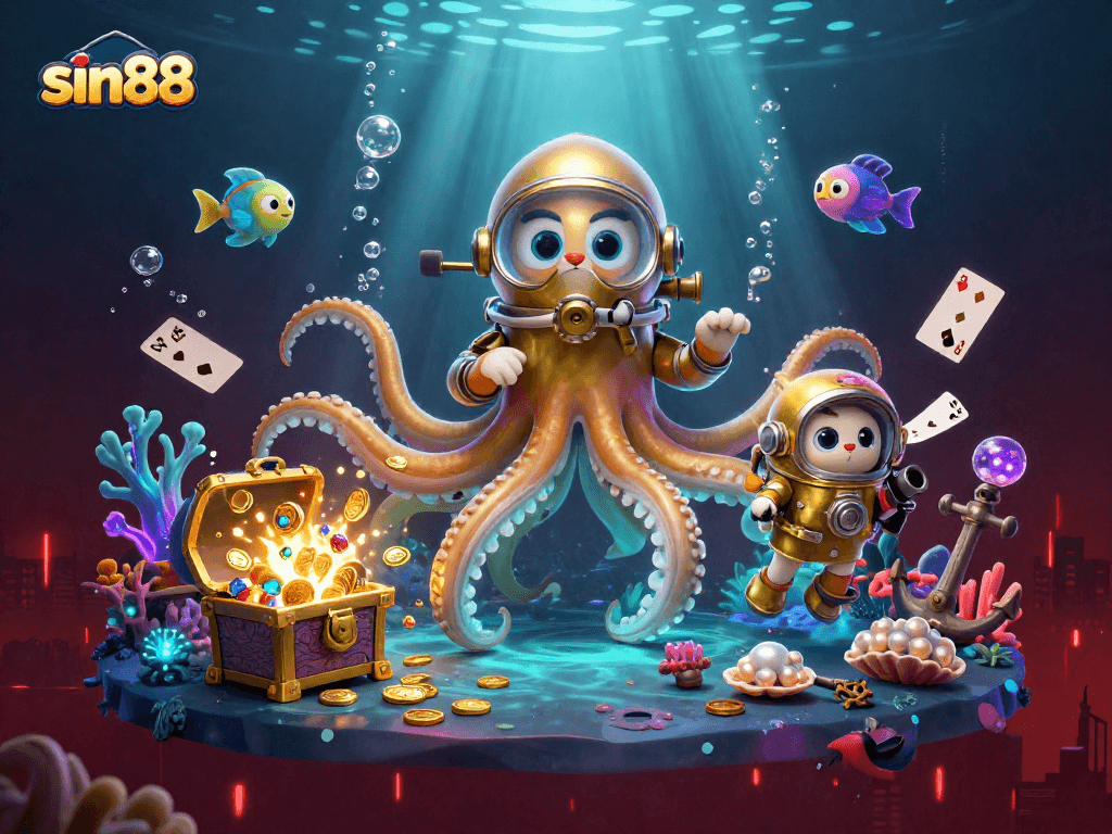 Spin the reels with sin88's vibrant 3D cartoon scene featuring a kraken and diving cat