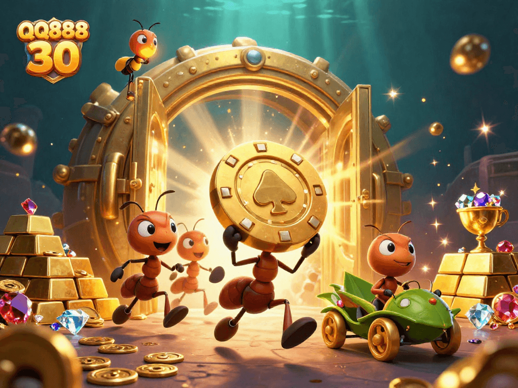 Join the ants' thrilling heist in QQ888 30, racing with a giant poker chip through an animated underground scene.