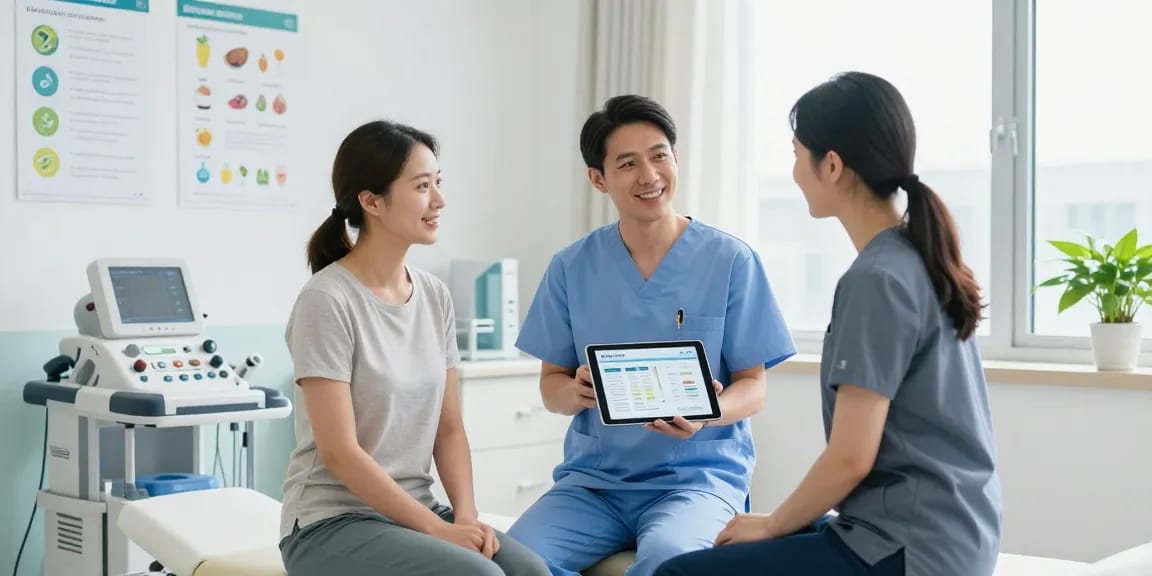 Deus Medical healthcare professional discussing treatment plans with patient in a modern clinic.