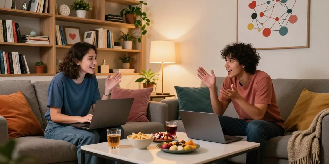 Engaging conversation on sex chat in a cozy modern living room setting with warm lighting.