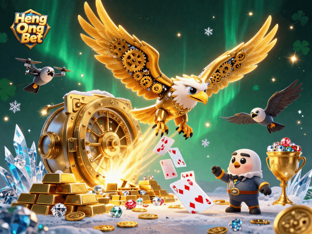 Engage with exciting gameplay at Heng Ong Bet, featuring a cybernetic eagle amidst casino treasures.