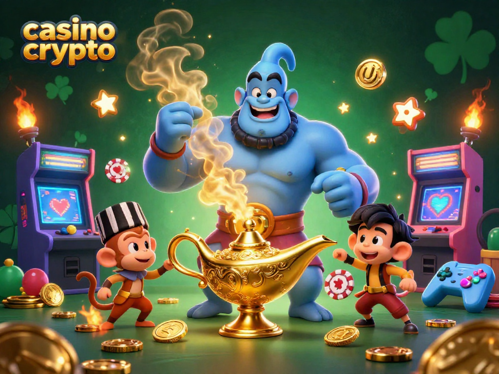 Vivez une expérience de casino crypto avec un génie et un tapis magique, entourés de jeux et de joyaux.