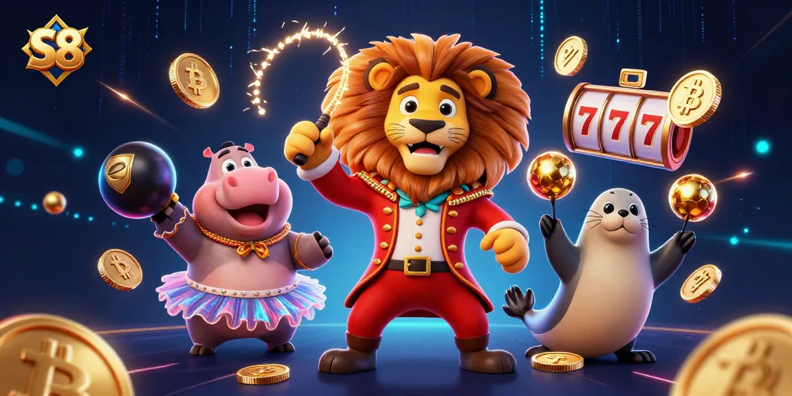 S8 showcases a lively circus scene with a lion, hippo, and seal engaging in casino games, enriched with Bitcoin and Ethereum elements.