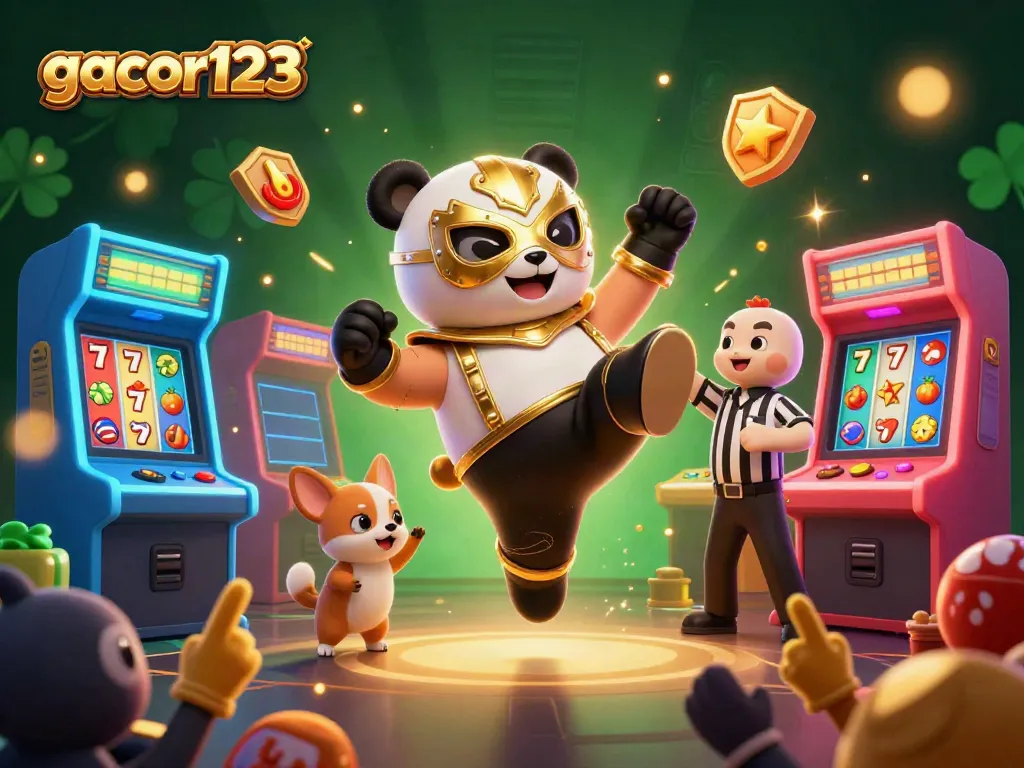 Experience the thrill of winnings at gacor123 with 3D characters celebrating amidst vibrant slot machines and festive casino elements.