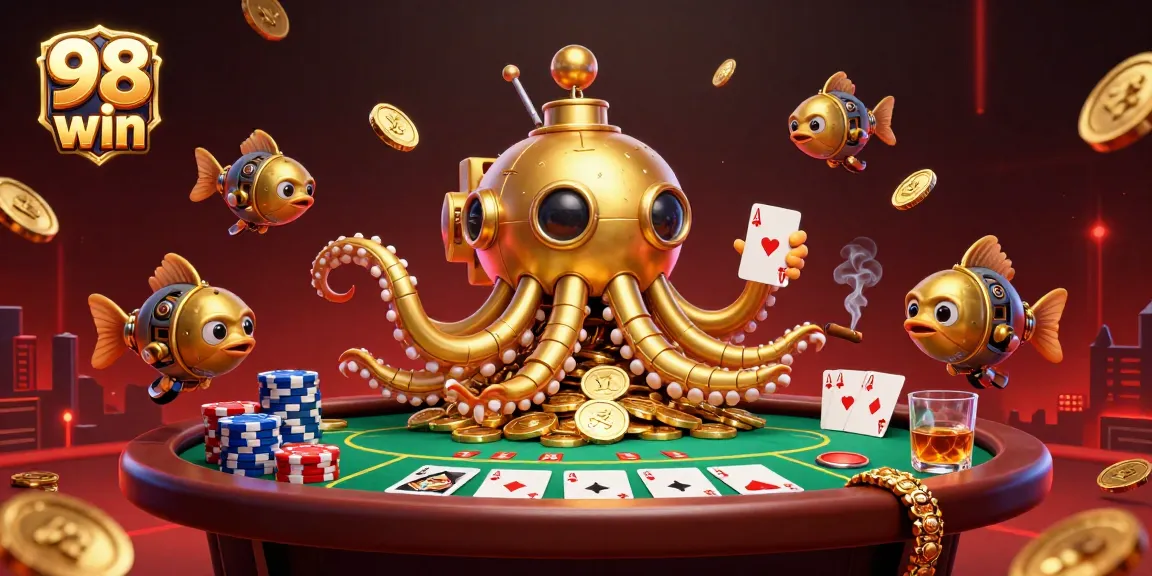 Experience excitement with 98 win as a golden kraken submarine surfaces through riches of poker chips and cards.