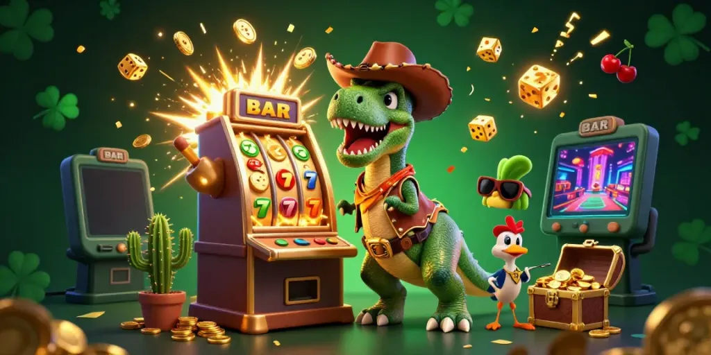Engage with สล็อตเว็บตรง gameplay in an exciting casino scene featuring a T-Rex and companions.