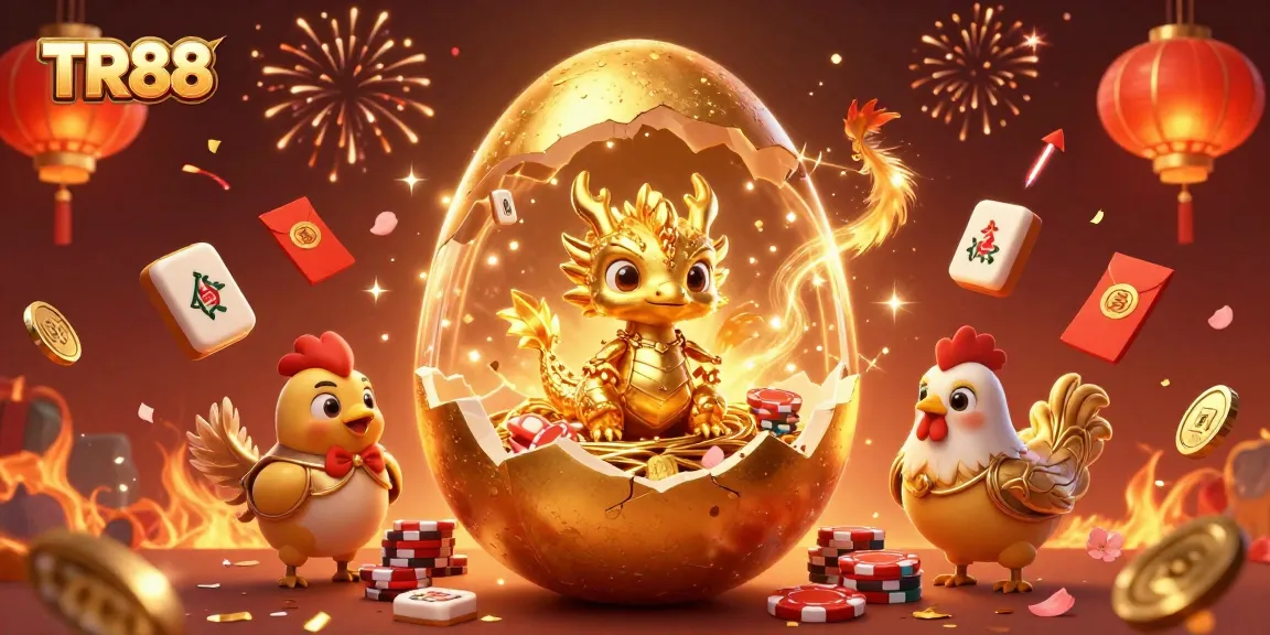 Engage with the TR88 casino experience featuring a golden baby dragon amidst poker chips.