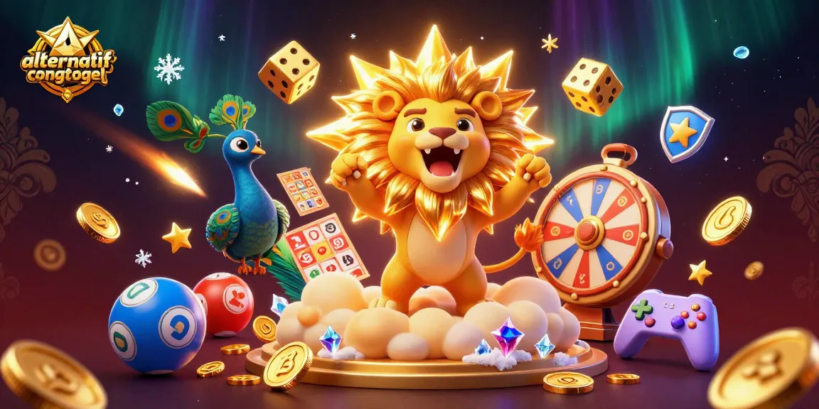 Engage with alternatifcongtogel in a vibrant lottery-themed 3D casino illustration filled with gaming excitement.