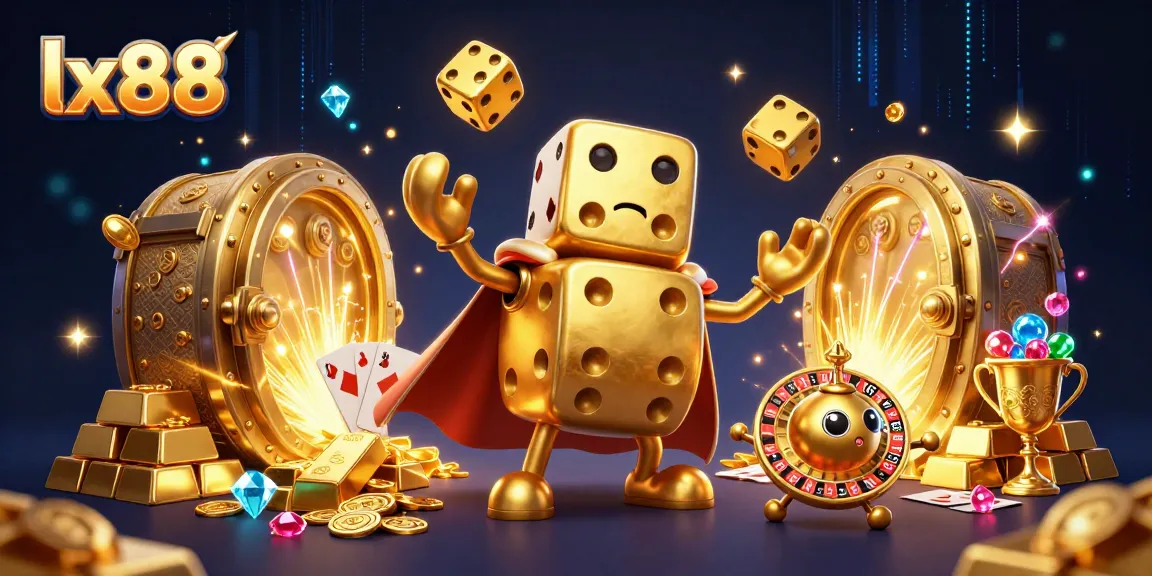 Experience thrilling gaming action with lx88's vibrant casino scene featuring a golden dice golem and sparkling treasures.