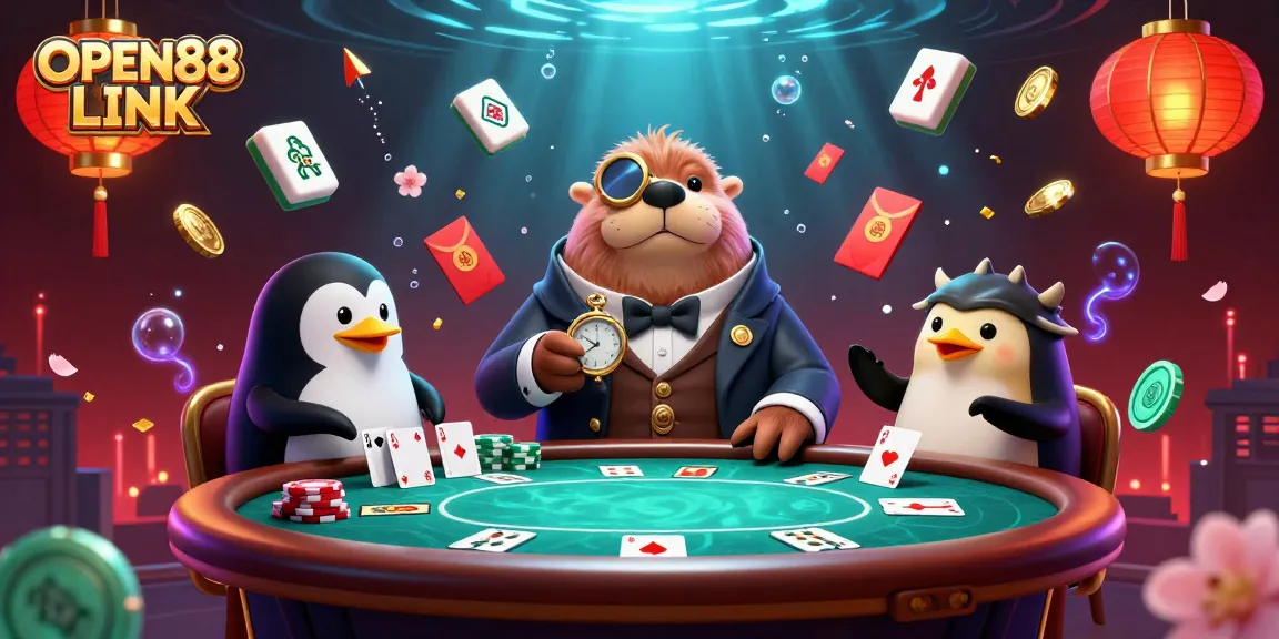 Experience the unique underwater poker game scene with OPEN88 LINK featuring a walrus, penguin dealer, and pufferfish.