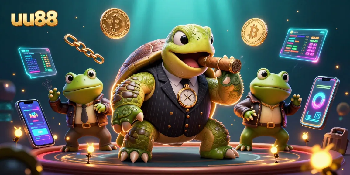 Experience excitement at uu88 with a lively 3D casino scene featuring a mobster turtle and bullfrog enforcers.