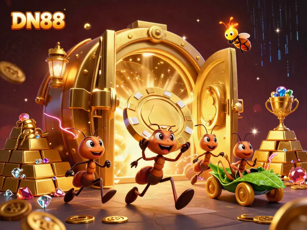 Engage with DN88's dynamic gaming experience featuring a heist scene with golden poker chips and treasure.