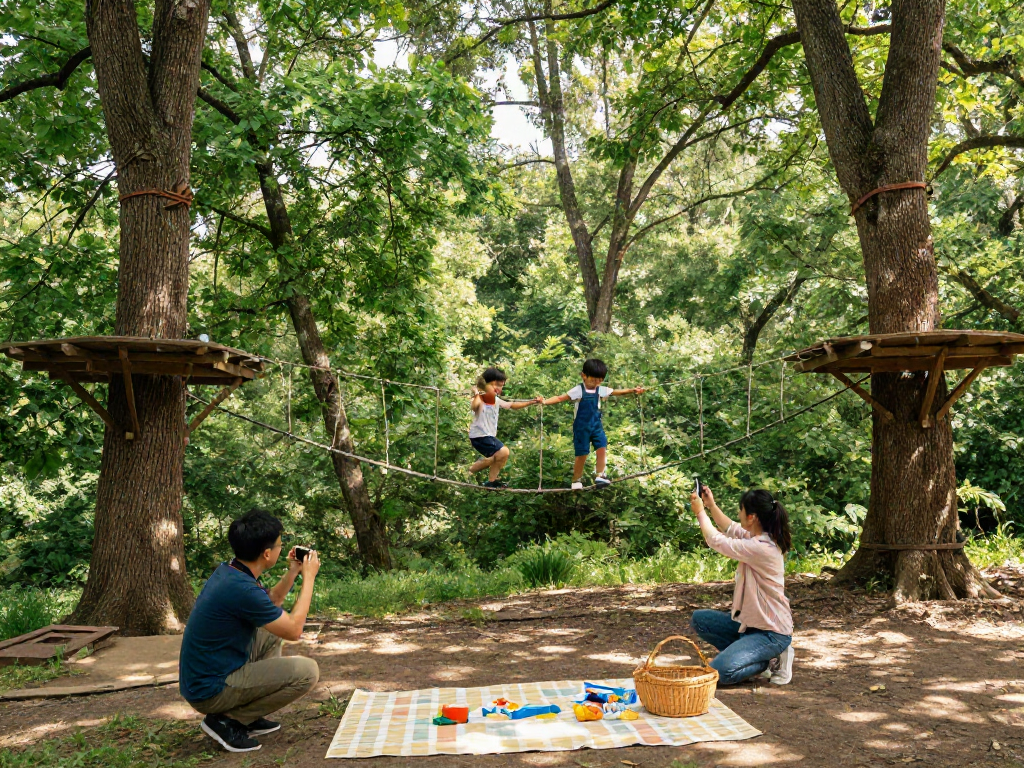 Children crossing a rope bridge in a lush forest, symbolizing adventure and family fun.