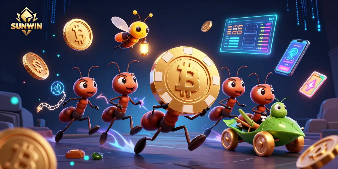 Engage in thrilling gameplay at SUNWIN with a dynamic illustration of ants heisting a giant poker chip.